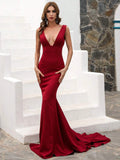 V Neckline Deep Red Mermaid Party Dress