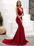 V Neckline Deep Red Mermaid Party Dress