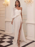 White Sequins High Slit One Shoulder Party Dress