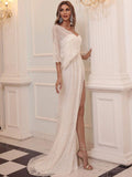 White Sequins High Slit One Shoulder Party Dress