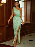 Side Cutout Floral Mint Green Evening Dress