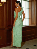 Side Cutout Floral Mint Green Evening Dress