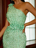 Side Cutout Floral Mint Green Evening Dress