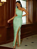 Side Cutout Floral Mint Green Evening Dress