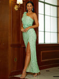 Side Cutout Floral Mint Green Evening Dress