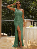 Green Sequin One-Shoulder Party Dress with High Slit