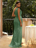 Green Sequin One-Shoulder Party Dress with High Slit