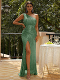 Green Sequin One-Shoulder Party Dress with High Slit