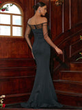 Black Off-Shoulder Fitted Bodice Formal Dress