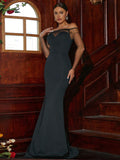 Black Off-Shoulder Fitted Bodice Formal Dress