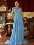 Sky Blue Off-Shoulder Chiffon A Line Formal Dress