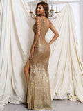 Dazzling Beaded One-Shoulder Gold Sequin Dress with Slit