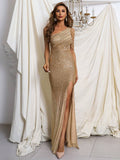 Dazzling Beaded One-Shoulder Gold Sequin Dress with Slit