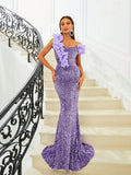 Exquisite Floral Lavender Sequin Prom Dress