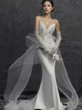 Backless Spaghetti Straps Trumpet Mermaid Tulle Wedding Dress