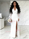 V Neck Ruched White Chiffon Long Sleeves Wedding Dress With Slit