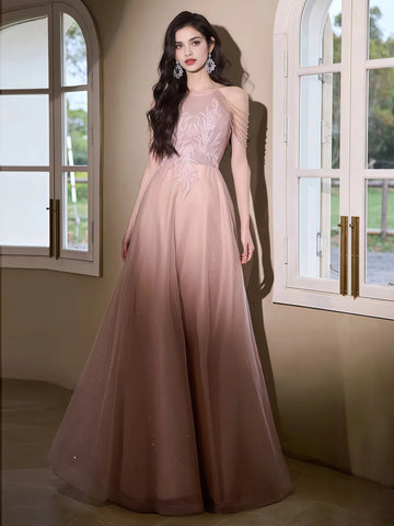 Tassel A line Sparkle Halter Tulle Prom Dress