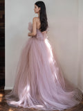 Tulle Strapless A Line Pink Ruffles Prom Dress