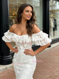Trumpet Mermaid White Floral Lace Off The Shoulder Prom Dress