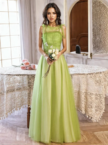 Floor Length Ruffles Green Tie Shoulder Prom Dress