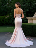 Bow Pearl Pink Satin Strapless Beading Prom Dress