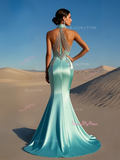 Beading Trumpet Mermaid High Neck Satin Mint Prom Dress