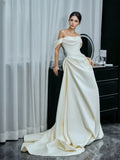 Ruched A Line Satin Off The Shoulder Wedding Dress