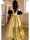 Strapless Yellow Satin A Line Prom Dress With Detachable Sleeves
