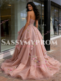 Tulle Ball Gown Ruffles Pink Sweetheart Appliques Prom Dress