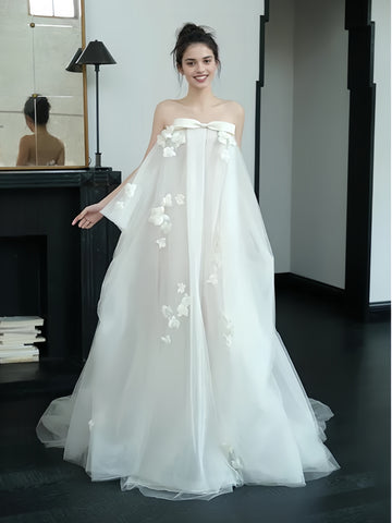 Off The Shoulder Tulle Romantic Appliques A Line Wedding Dress