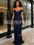 Sequin Off The Shoulder Sheath Column Navy Prom Dress