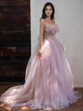 Tulle Strapless A Line Pink Ruffles Prom Dress