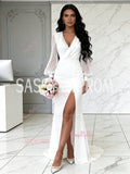 V Neck Ruched White Chiffon Long Sleeves Wedding Dress With Slit