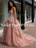 Tulle Ball Gown Ruffles Pink Sweetheart Appliques Prom Dress