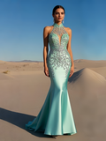 Beading Trumpet Mermaid High Neck Satin Mint Prom Dress