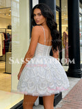 V Neck Short Mini Beading Tulle Spaghetti Straps Homecoming Dress