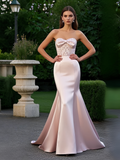 Bow Pearl Pink Satin Strapless Beading Prom Dress