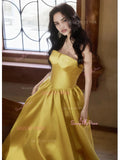 Strapless Yellow Satin A Line Prom Dress With Detachable Sleeves