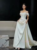 Ruched A Line Satin Off The Shoulder Wedding Dress