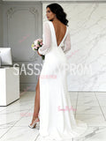 V Neck Ruched White Chiffon Long Sleeves Wedding Dress With Slit