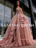 Tulle Ball Gown Ruffles Pink Sweetheart Appliques Prom Dress
