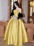 Strapless Yellow Satin A Line Prom Dress With Detachable Sleeves