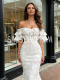 Trumpet Mermaid White Floral Lace Off The Shoulder Prom Dress