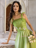 Floor Length Ruffles Green Tie Shoulder Prom Dress