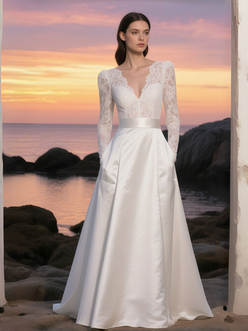 V Neck Satin A Line Lace Long Sleeve Wedding Dress