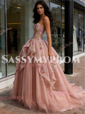 Tulle Ball Gown Ruffles Pink Sweetheart Appliques Prom Dress