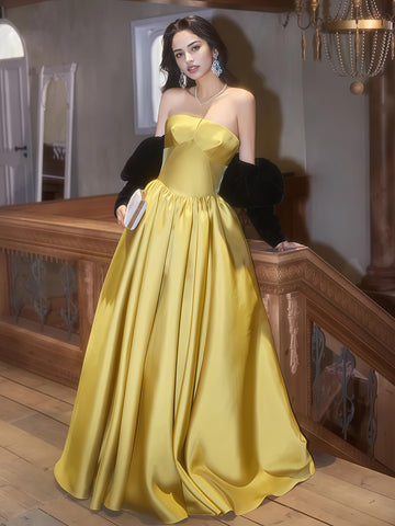 Strapless Yellow Satin A Line Prom Dress With Detachable Sleeves