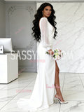 V Neck Ruched White Chiffon Long Sleeves Wedding Dress With Slit