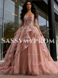 Tulle Ball Gown Ruffles Pink Sweetheart Appliques Prom Dress
