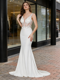 Lace Appliques Sheer V Neck Trumpet Mermaid Wedding Dress